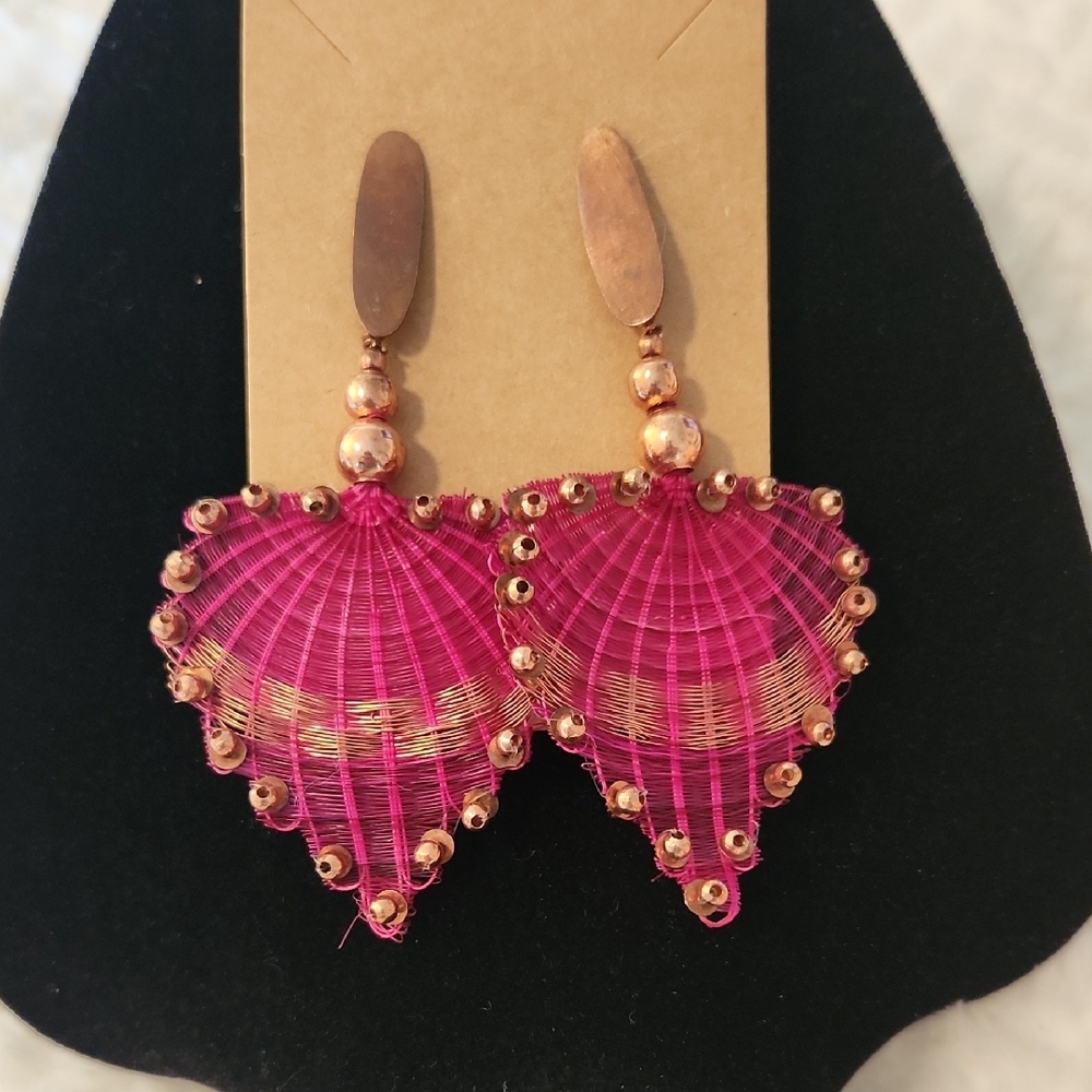 Vintage Artisan Pink and Gold Heart Drop Earrings With Copper Accents Jewelry